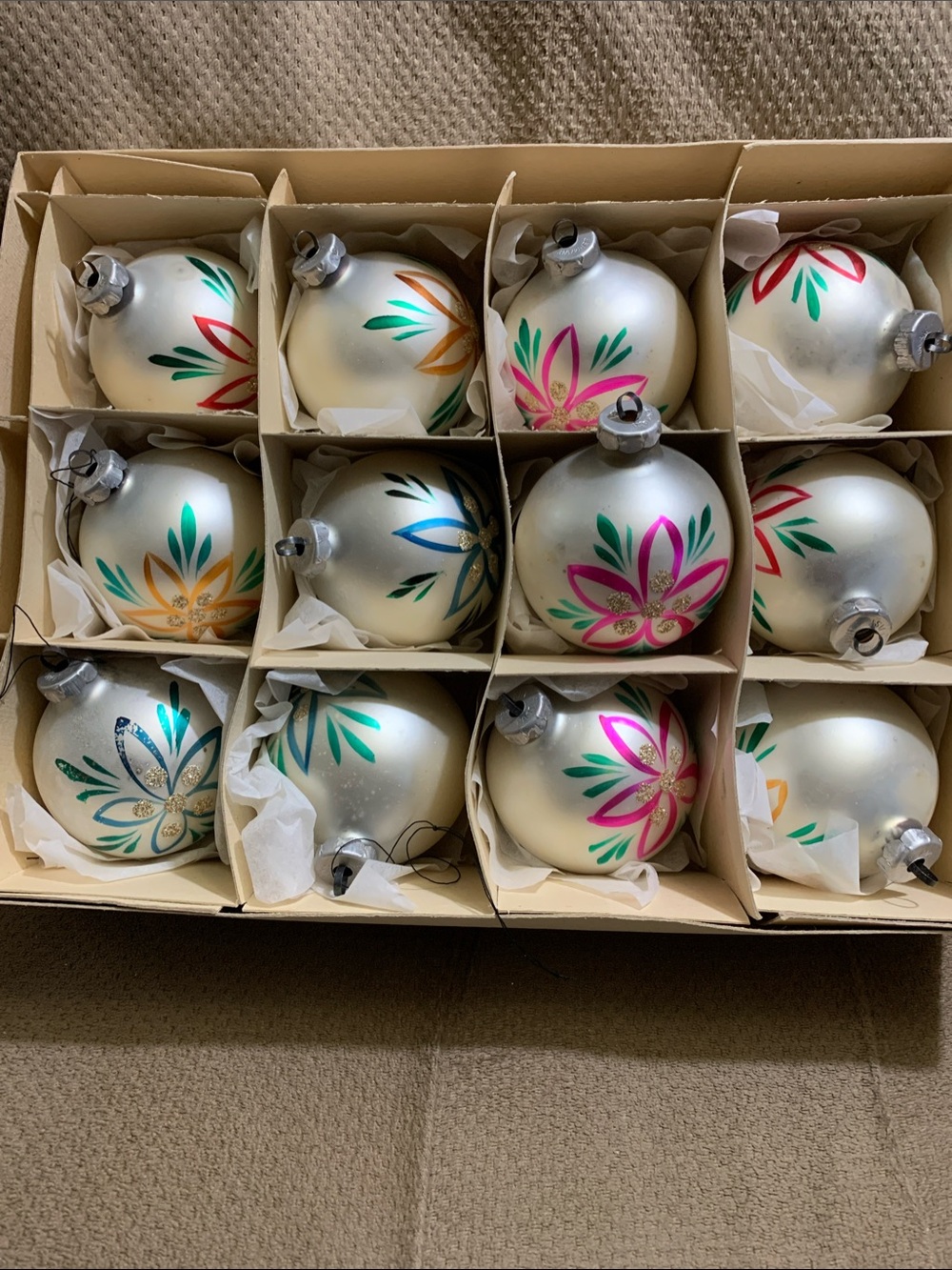 Vintage Silver Glass Holiday Ornaments with Multicolor Floral Design - Set of 12